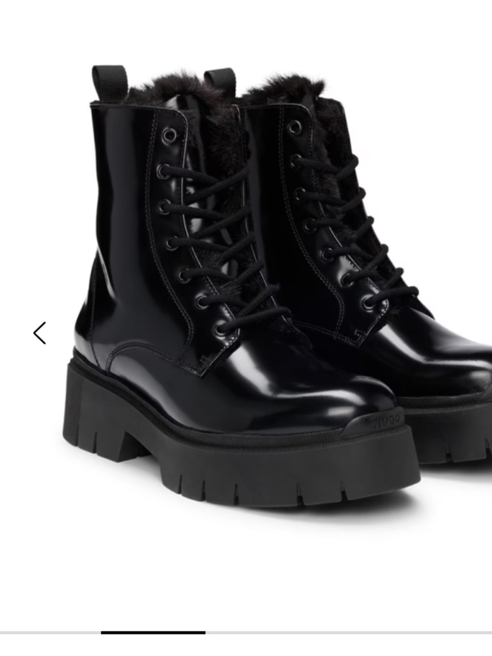 Hugo Boss Black Glossy Patent Lace-Up Fur-Trim Platform Boots